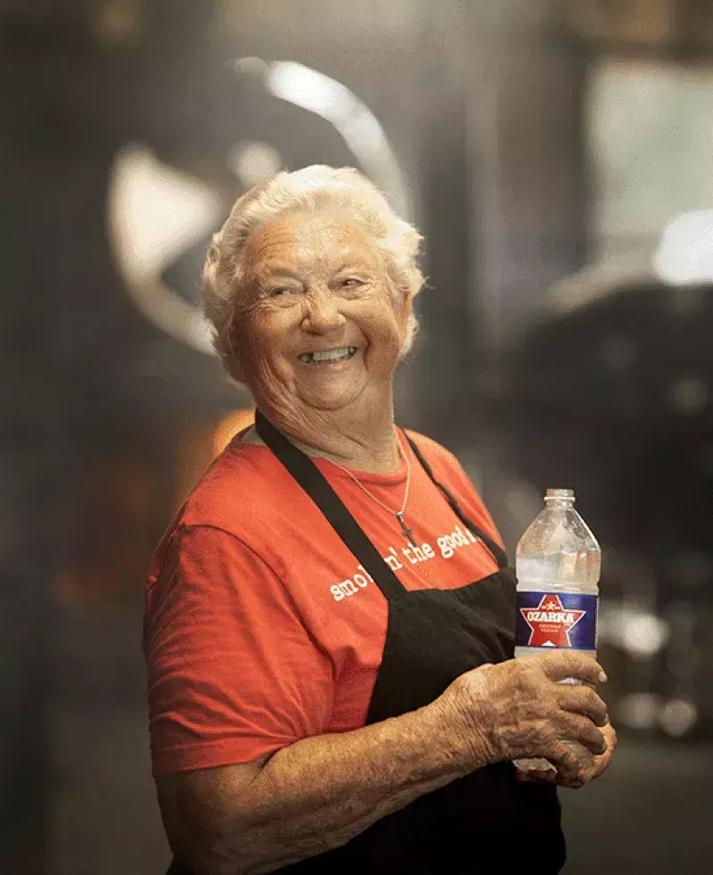 Tootsie Tomanetz with Ozarka water