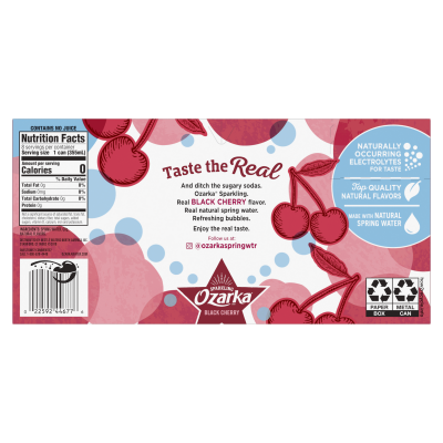 Ozarka Sparkling Water Black Cherry Product details 12oz can 24 pack back view