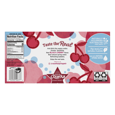 Ozarka Sparkling Water Black Cherry Product details 12oz can 8 pack back view