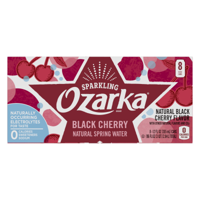Ozarka Sparkling Water Black Cherry Product details 12oz can 8 pack front view