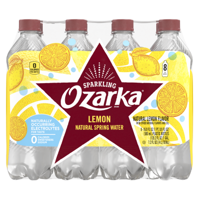 Ozarka Sparkling Water Lively Lemon Product details 500mL 8 pack front view