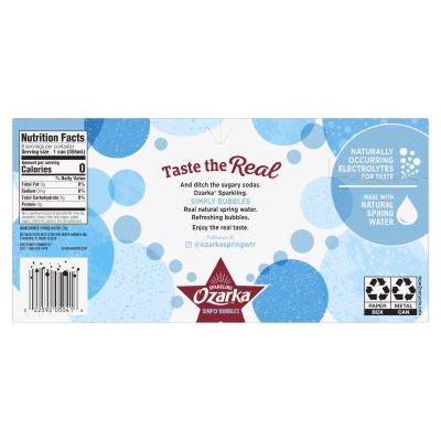 Ozarka Sparkling Water Simply Bubbles Product details 12oz 24 pack back view