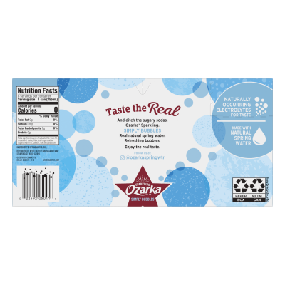 Ozarka Sparkling Water Simply Bubbles Product details 12oz 8 pack back view