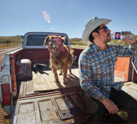 a man and dog drinking ozarka spring water in the back of a truck