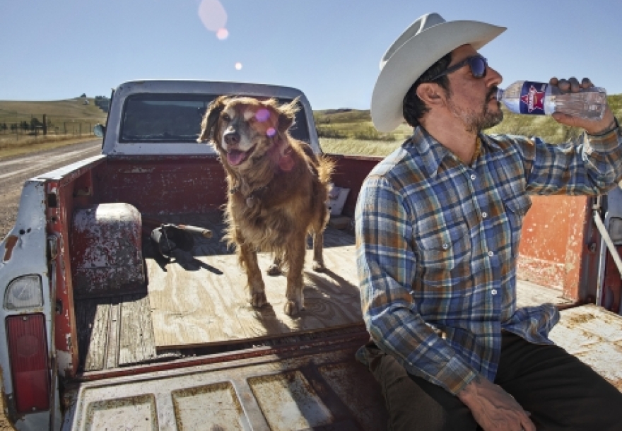 man drinking ozarka water in the back of a pickup truck with his dog